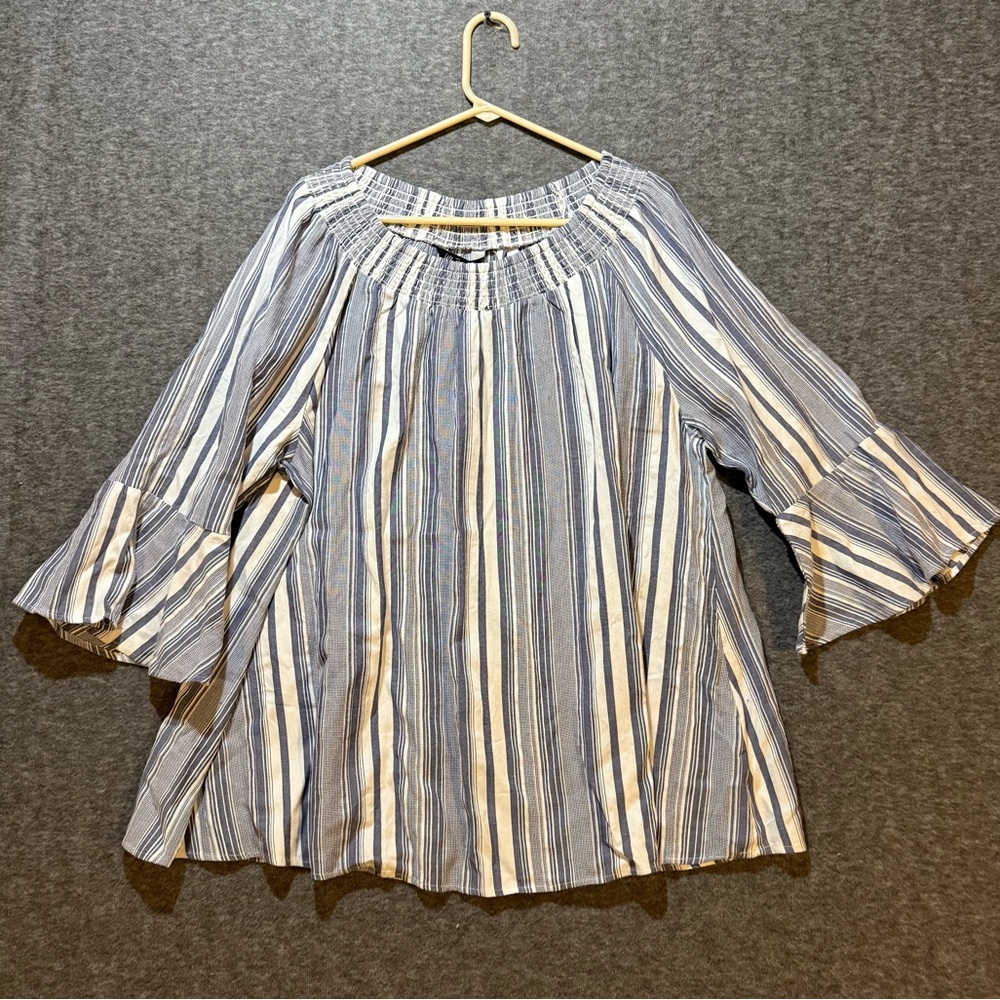 Ulla Popken boho top womens 28/30 blue white striped bell sleeve cotton beach